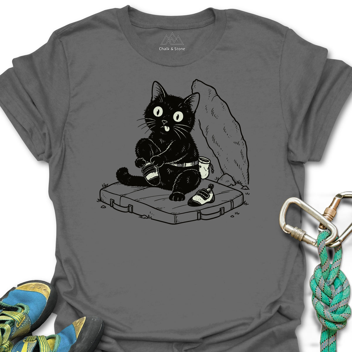 Cat Climbing Shoe Doodle Tee in Charcoal — flat lay mockup