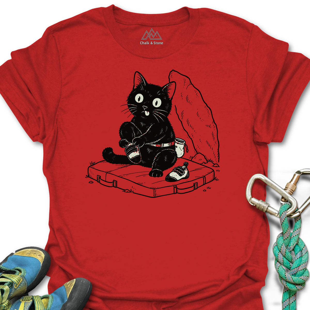 Cat Climbing Shoe Doodle Tee in Red — flat lay mockup
