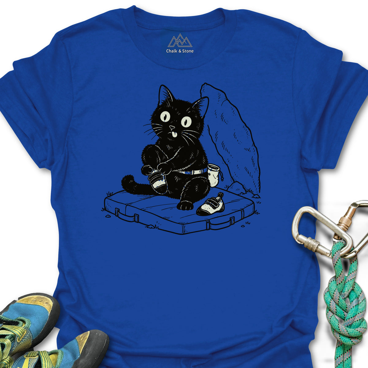 Cat Climbing Shoe Doodle Tee in Royal — flat lay mockup