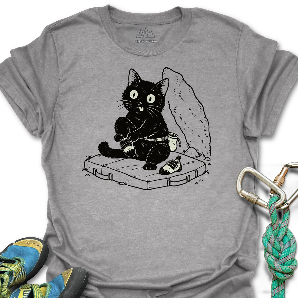 Cat Climbing Shoe Doodle Tee in Sport Grey — flat lay mockup