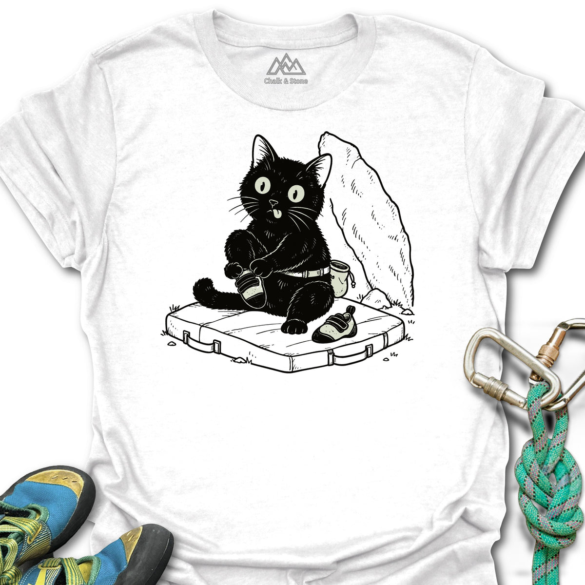 Cat Climbing Shoe Doodle Tee in White — flat lay mockup