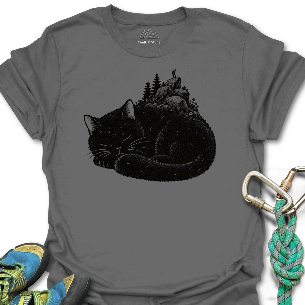 Cat Nap Boulder Garden Tee in Charcoal — flat lay mockup