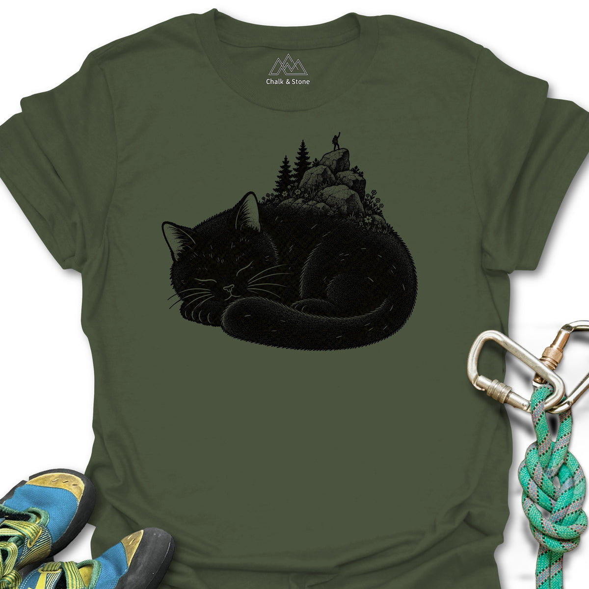 Cat Nap Boulder Garden Tee in Military Green — flat lay mockup