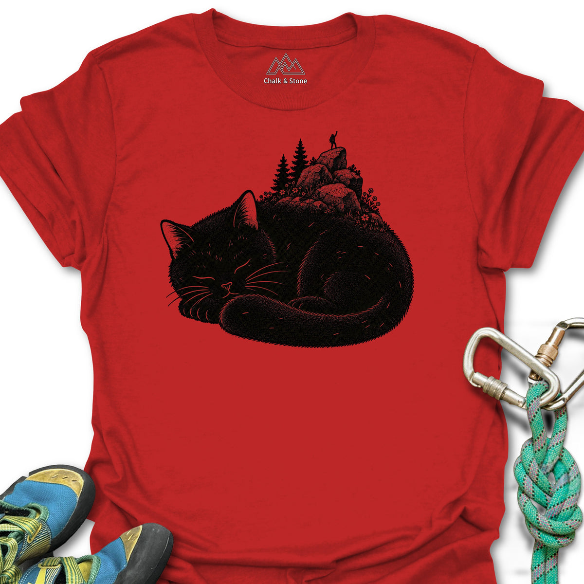 Cat Nap Boulder Garden Tee in Red — flat lay mockup