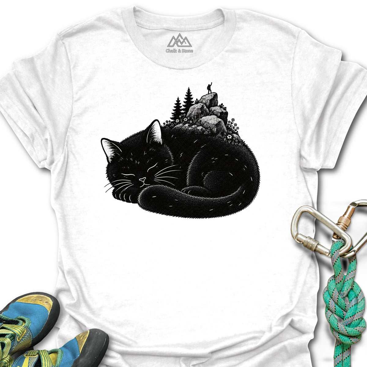 Cat Nap Boulder Garden Tee in White — flat lay mockup
