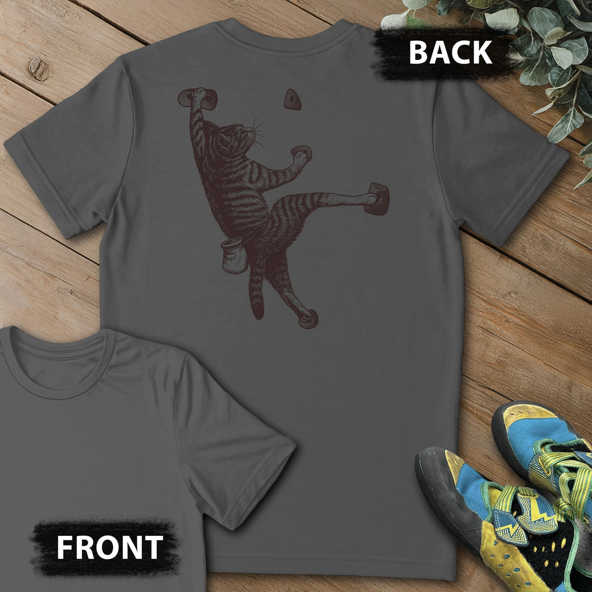 Cat Next Hold Backprint Tee in Charcoal — flat lay mockup