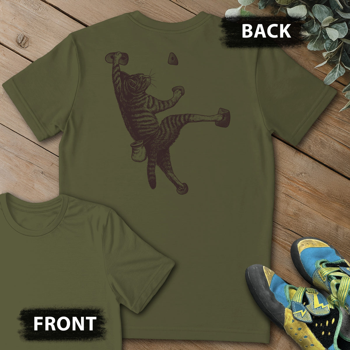 Cat Next Hold Backprint Tee in Military Green — flat lay mockup
