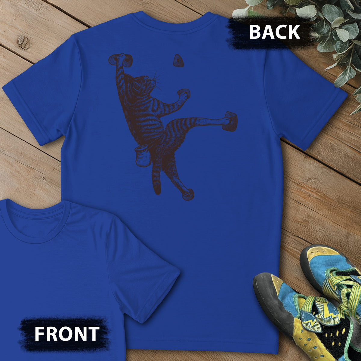Cat Next Hold Backprint Tee in Royal — flat lay mockup
