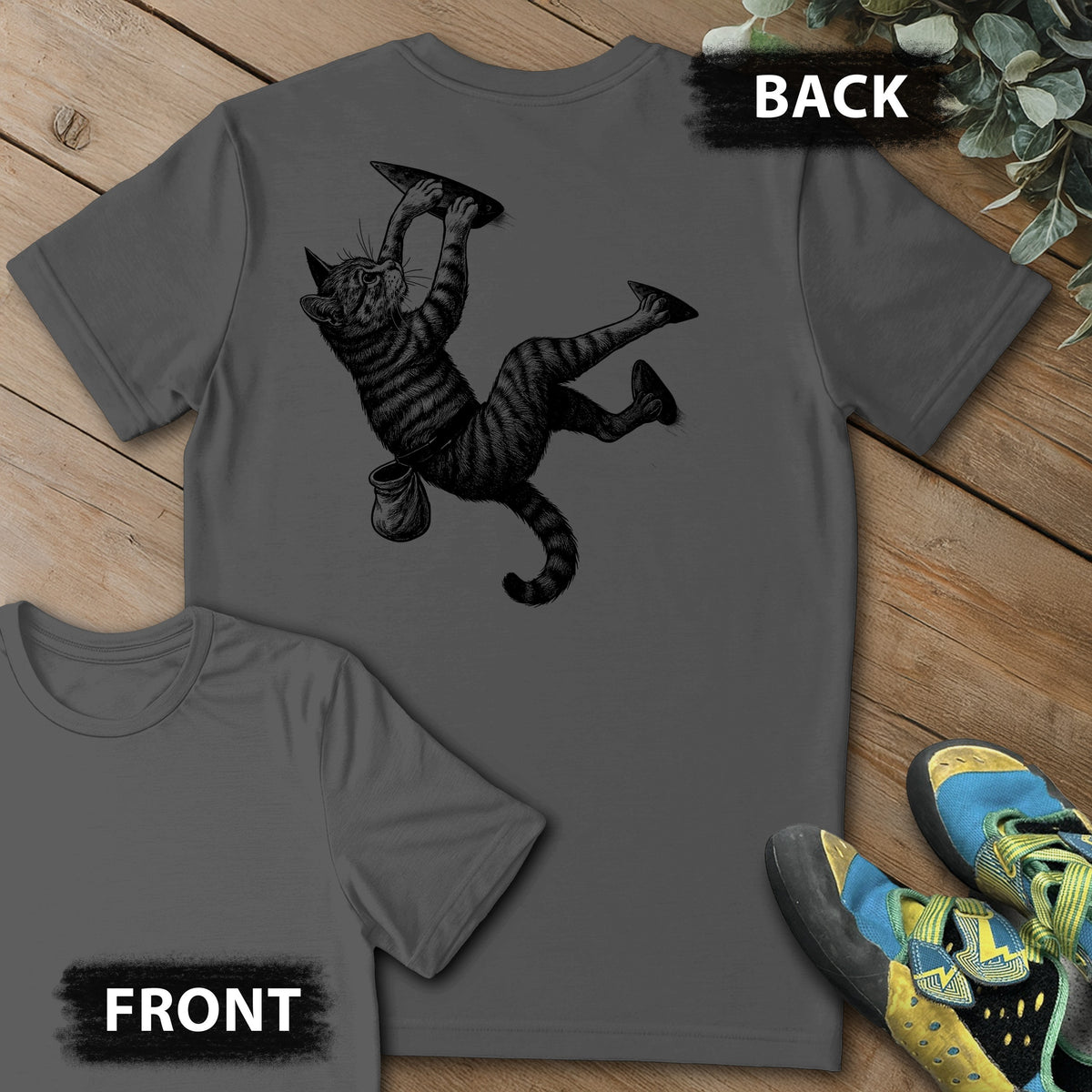 Cat Overhang Backprint Tee in Charcoal — flat lay mockup