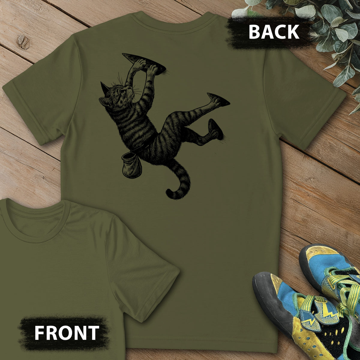 Cat Overhang Backprint Tee in Military Green — flat lay mockup