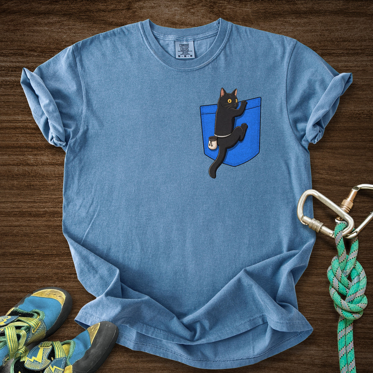 Cat Pocket Premium in Blue Jean — flat lay mockup