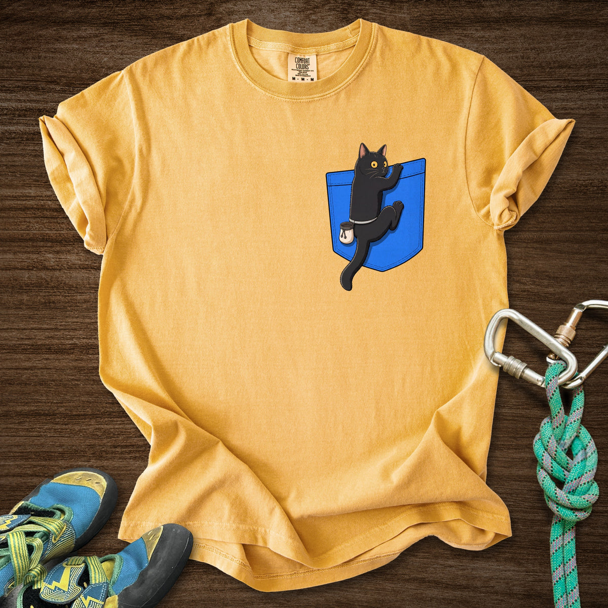 Cat Pocket Premium in Mustard — flat lay mockup