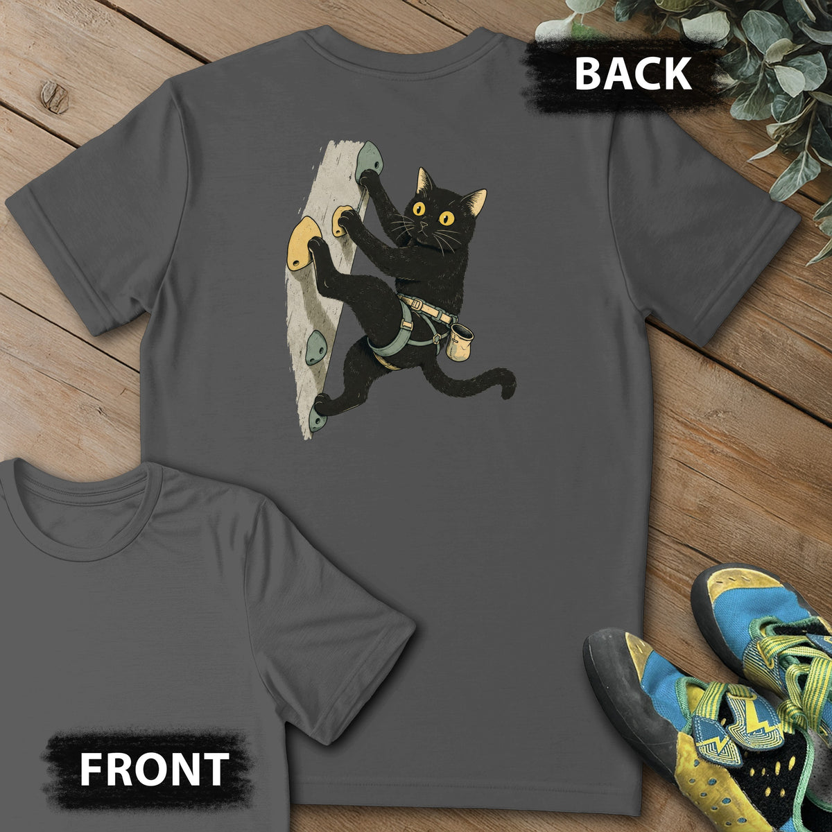 Cat Reaching Climb Backprint Tee in Charcoal — flat lay mockup