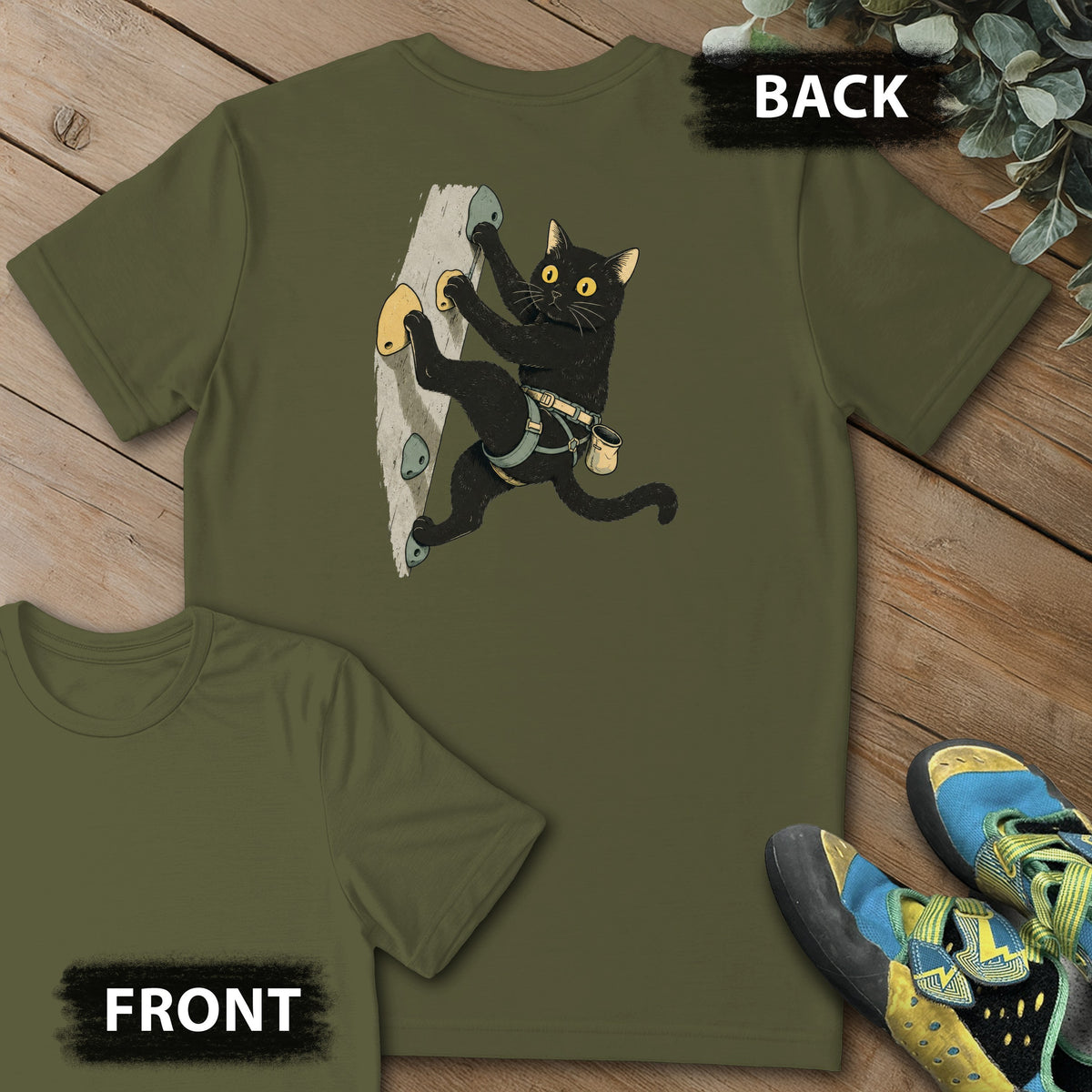 Cat Reaching Climb Backprint Tee in Military Green — flat lay mockup