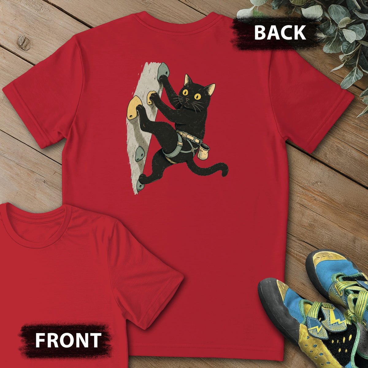 Cat Reaching Climb Backprint Tee in Red — flat lay mockup