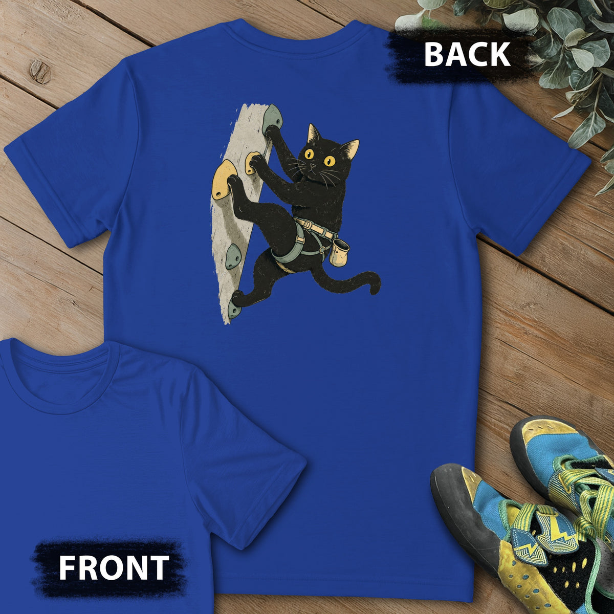 Cat Reaching Climb Backprint Tee in Royal — flat lay mockup