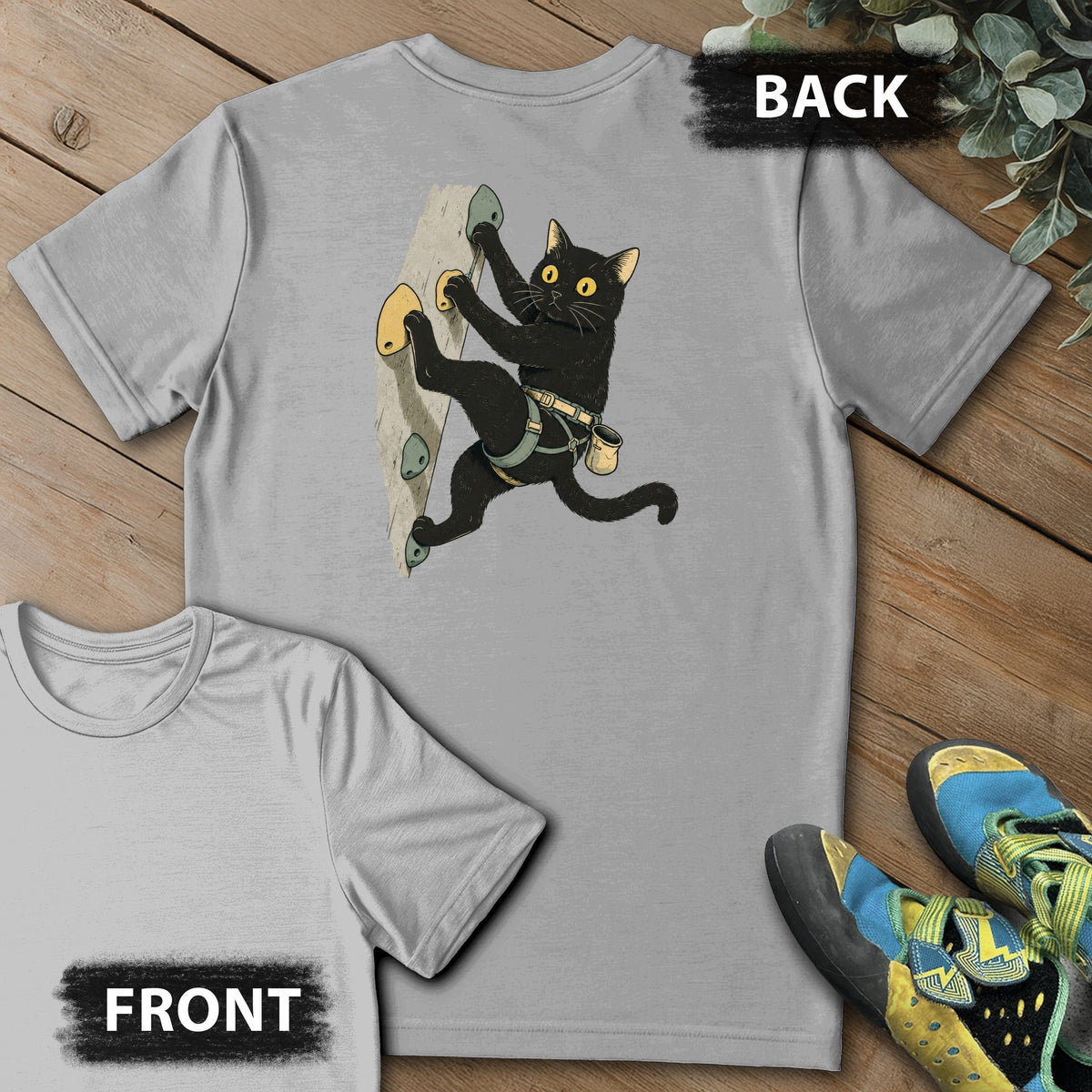 Cat Reaching Climb Backprint Tee in Sport Grey — flat lay mockup