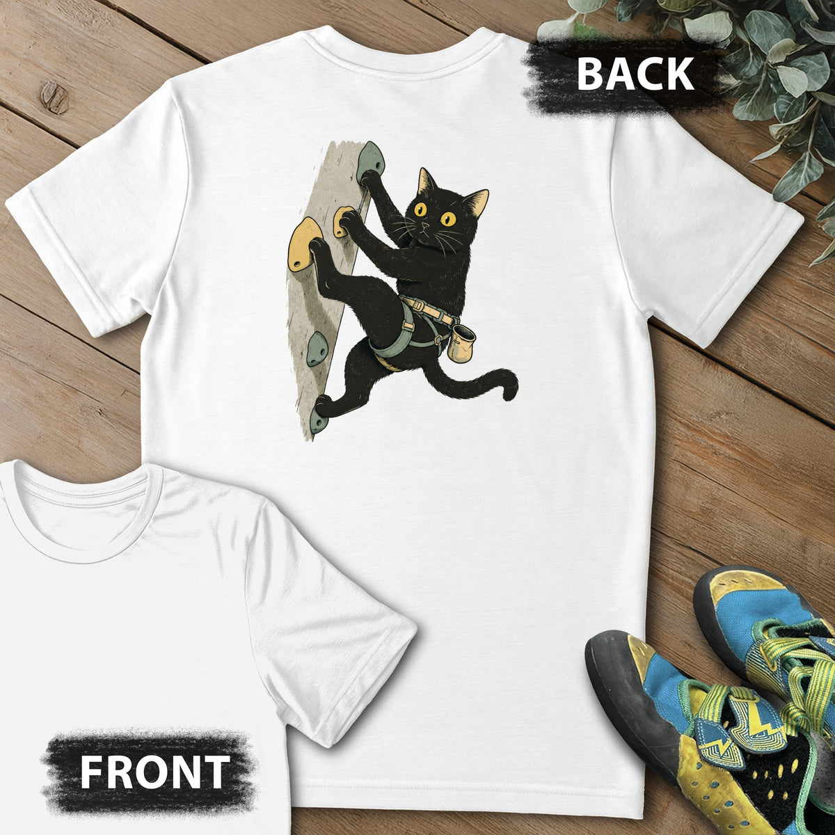 Cat Reaching Climb Backprint Tee in White — flat lay mockup