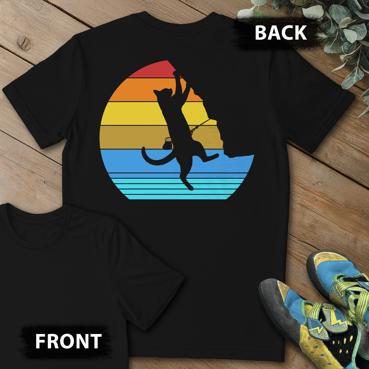 Cat Retro Climb Backprint Tee in Black — flat lay mockup