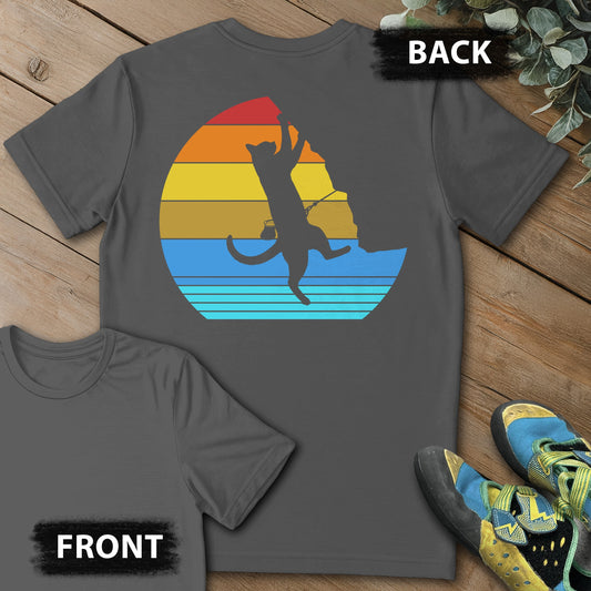 Cat Retro Climb Backprint Tee in Charcoal — flat lay mockup