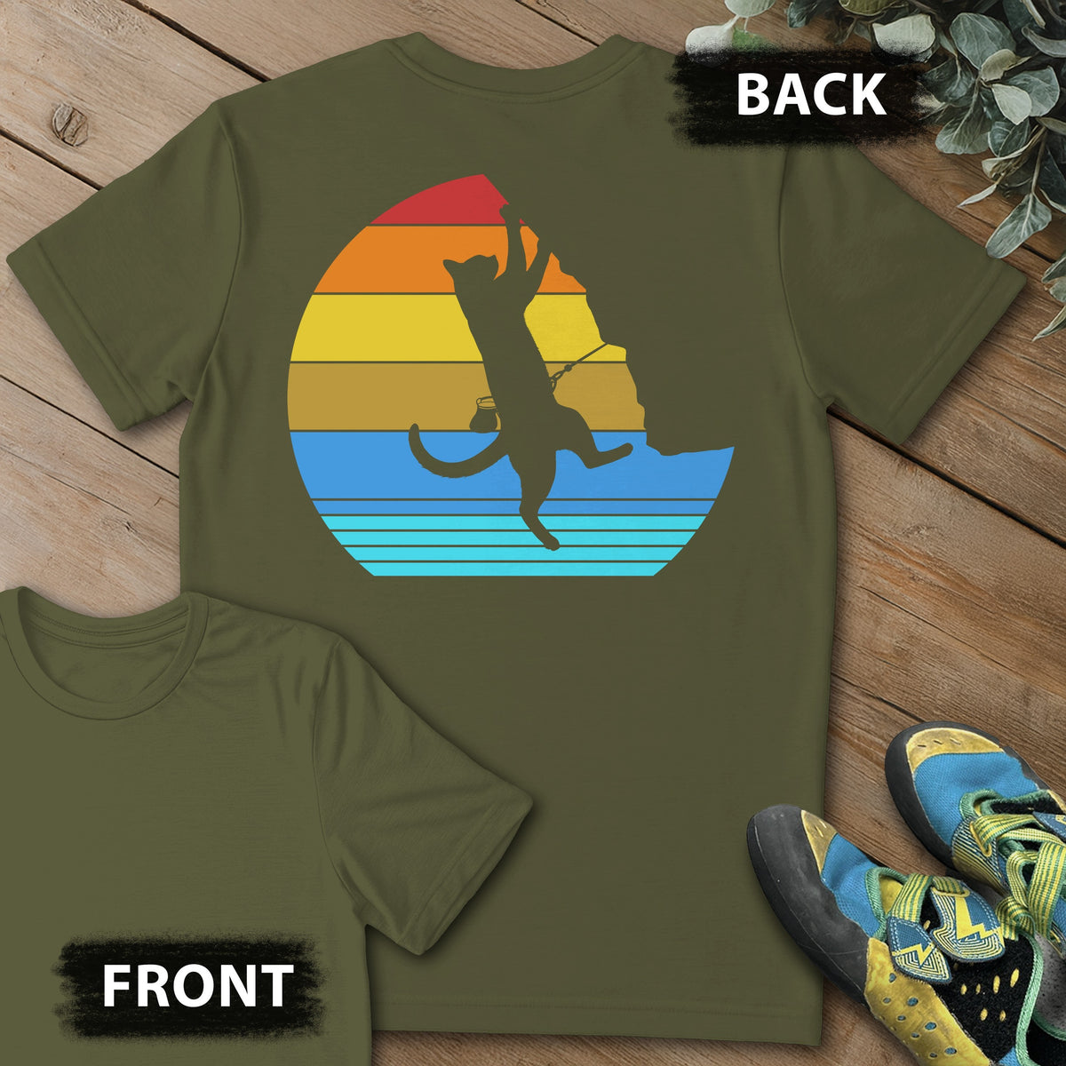 Cat Retro Climb Backprint Tee in Military Green — flat lay mockup