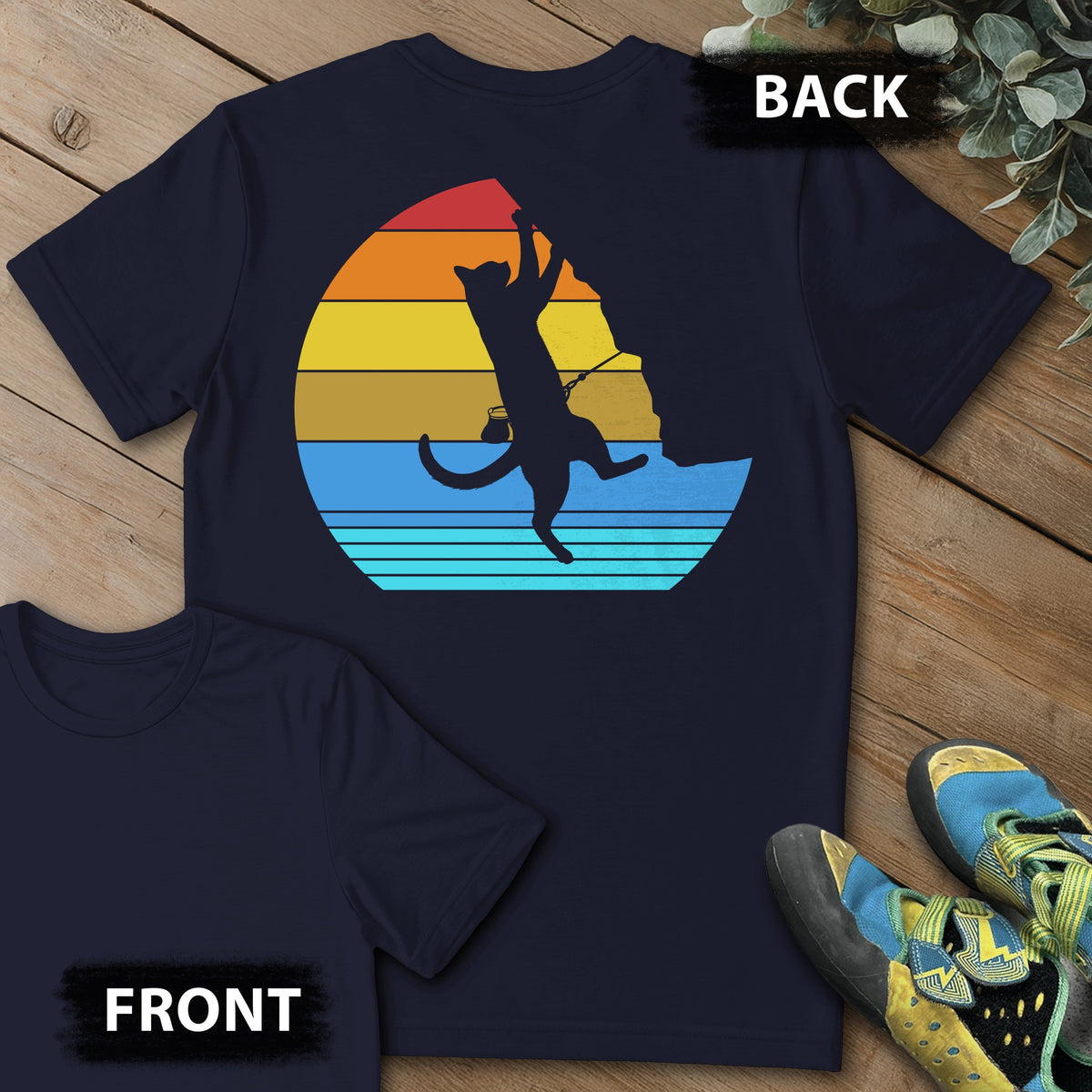 Cat Retro Climb Backprint Tee in Navy — flat lay mockup