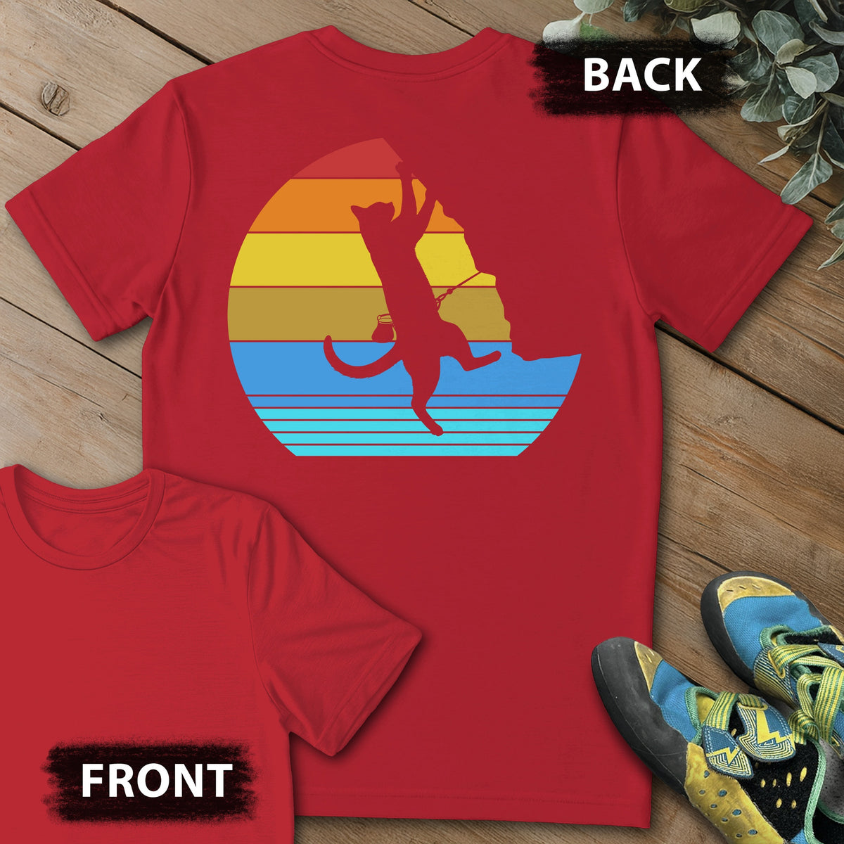 Cat Retro Climb Backprint Tee in Red — flat lay mockup