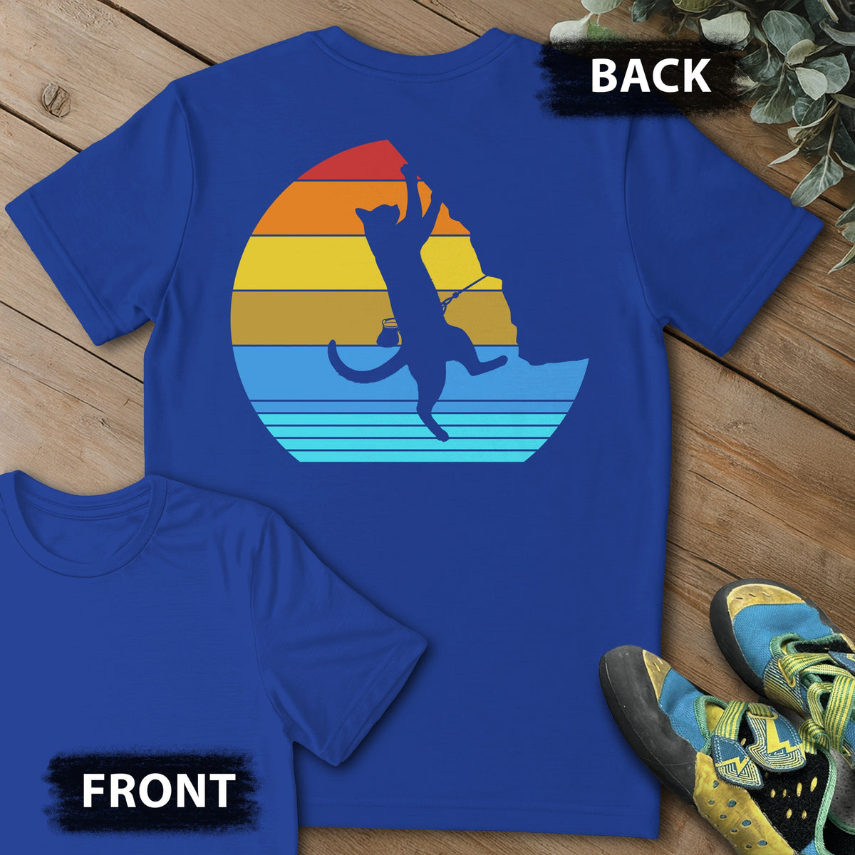 Cat Retro Climb Backprint Tee in Royal — flat lay mockup