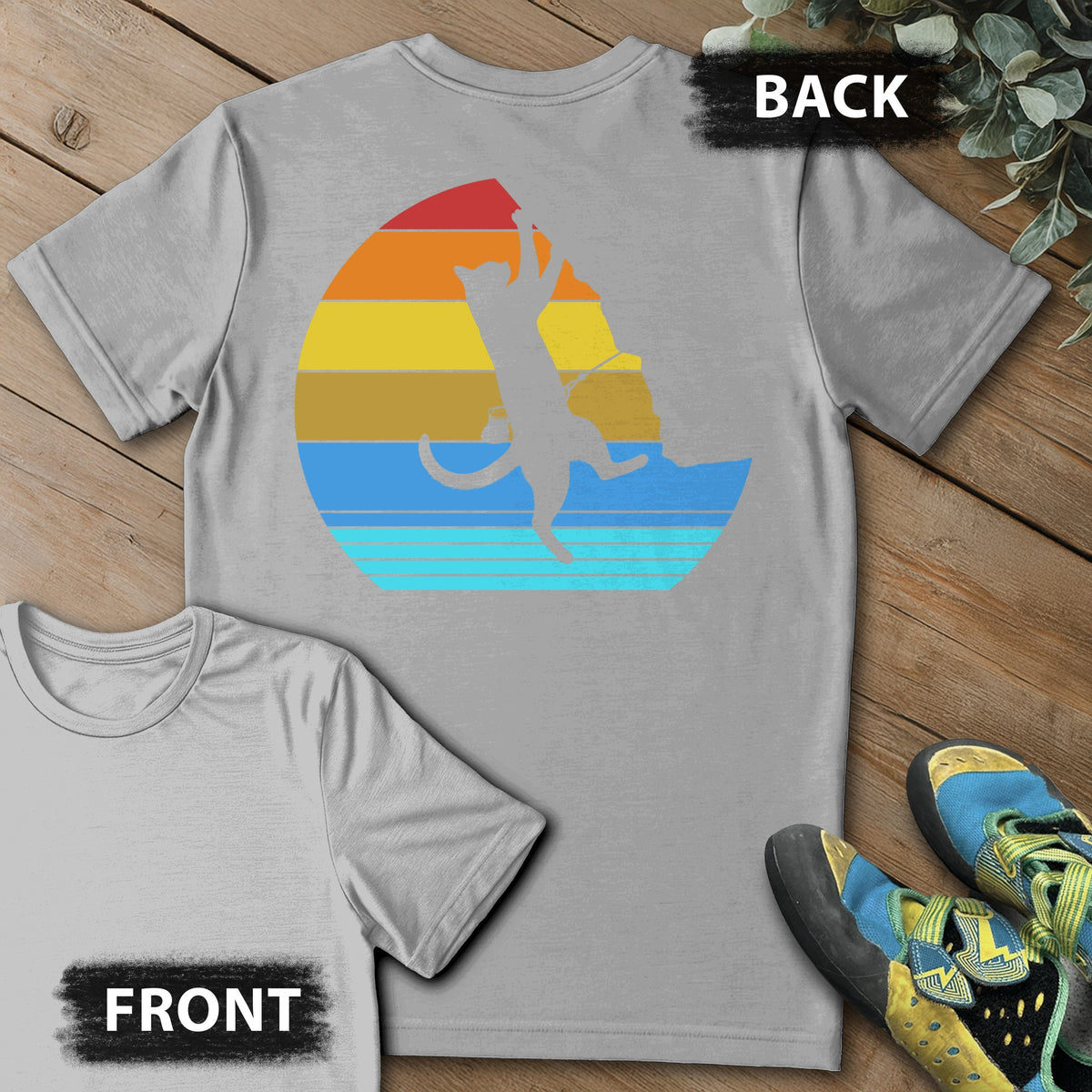 Cat Retro Climb Backprint Tee in Sport Grey — flat lay mockup