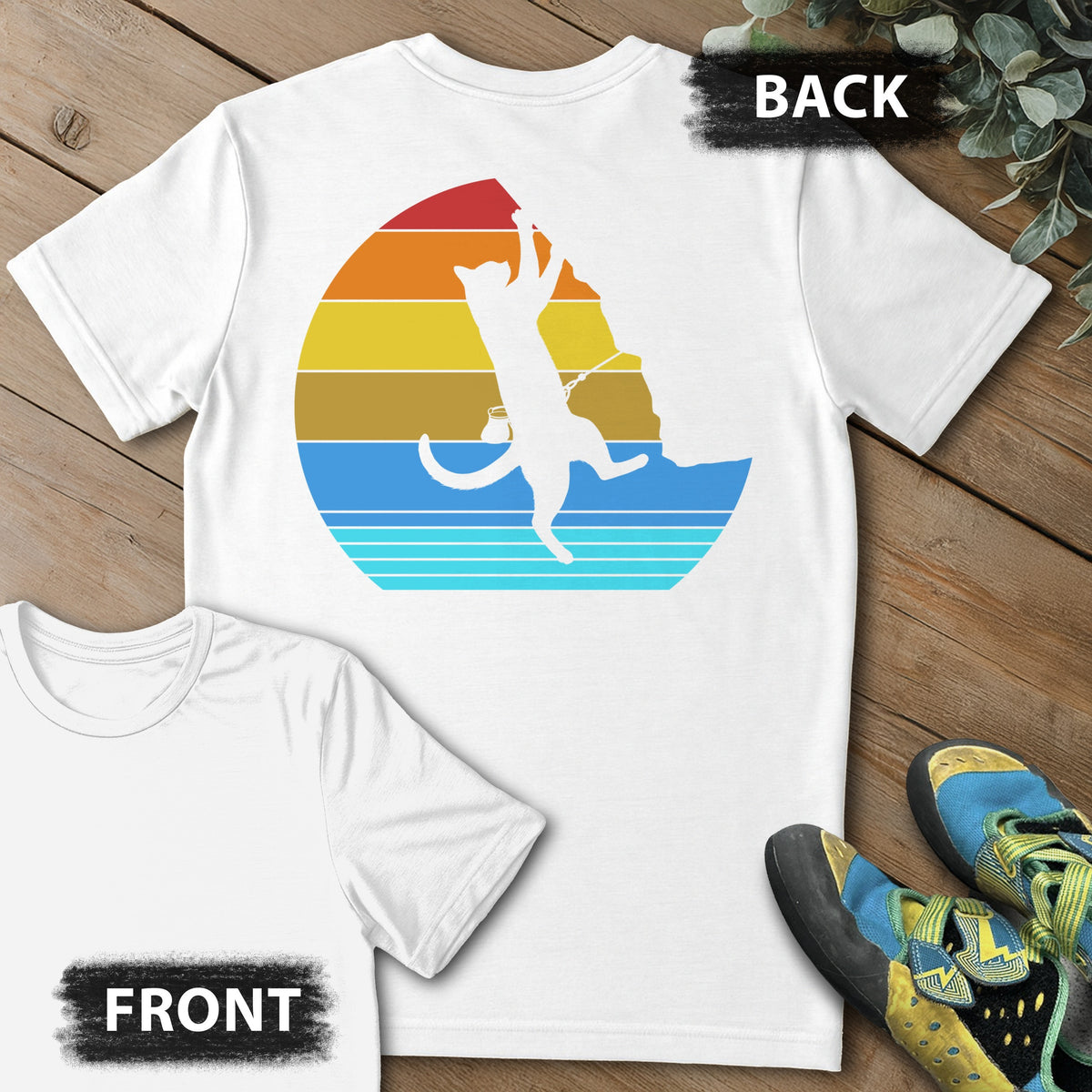 Cat Retro Climb Backprint Tee in White — flat lay mockup