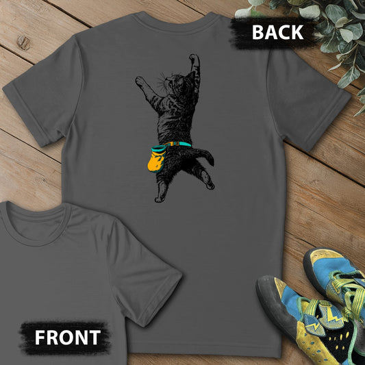 Cat Static Climb Accent Backprint Tee in Charcoal — flat lay mockup