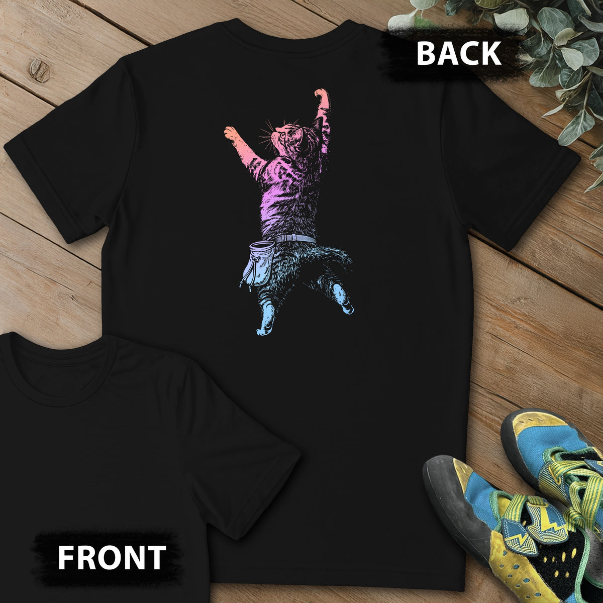 Cat Static Climb Gradient Backprint Tee in Black — flat lay mockup