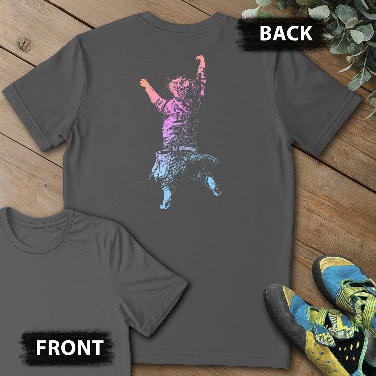 Cat Static Climb Gradient Backprint Tee in Charcoal — flat lay mockup