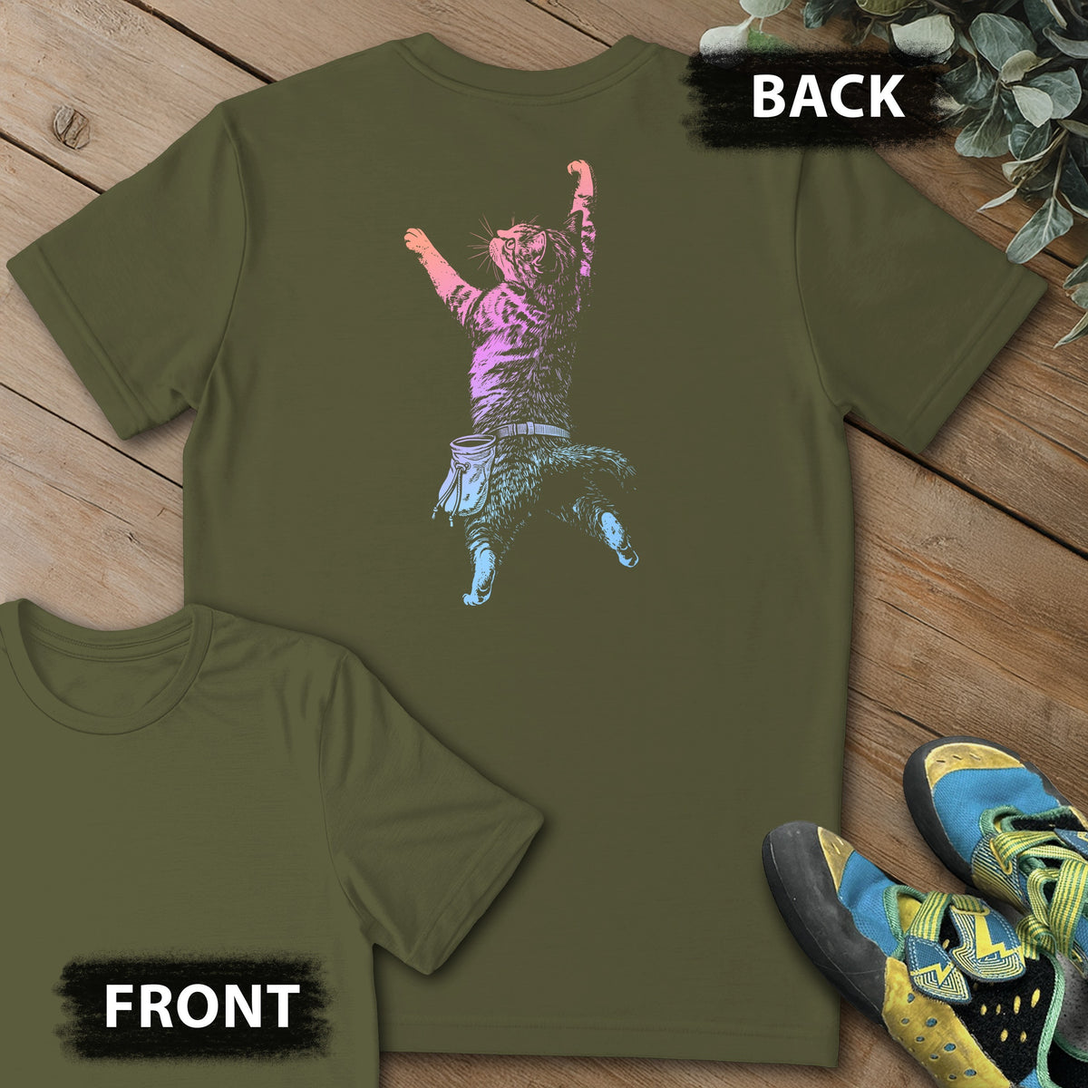 Cat Static Climb Gradient Backprint Tee in Military Green — flat lay mockup