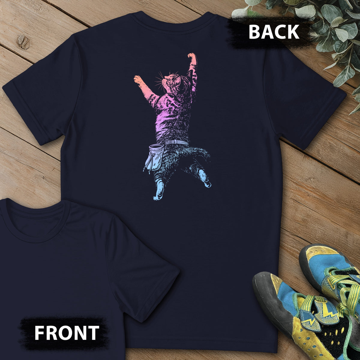 Cat Static Climb Gradient Backprint Tee in Navy — flat lay mockup