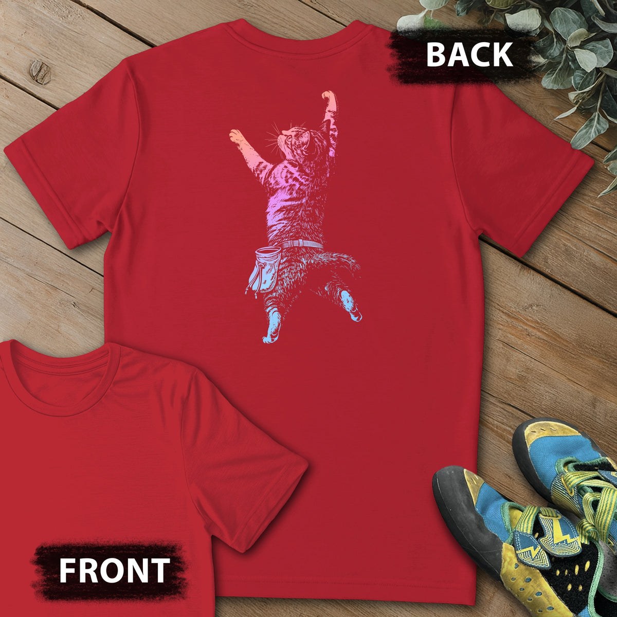 Cat Static Climb Gradient Backprint Tee in Red — flat lay mockup