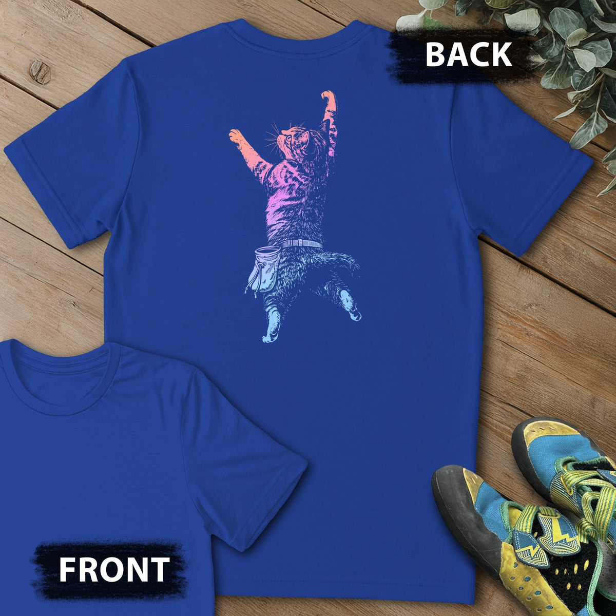 Cat Static Climb Gradient Backprint Tee in Royal — flat lay mockup