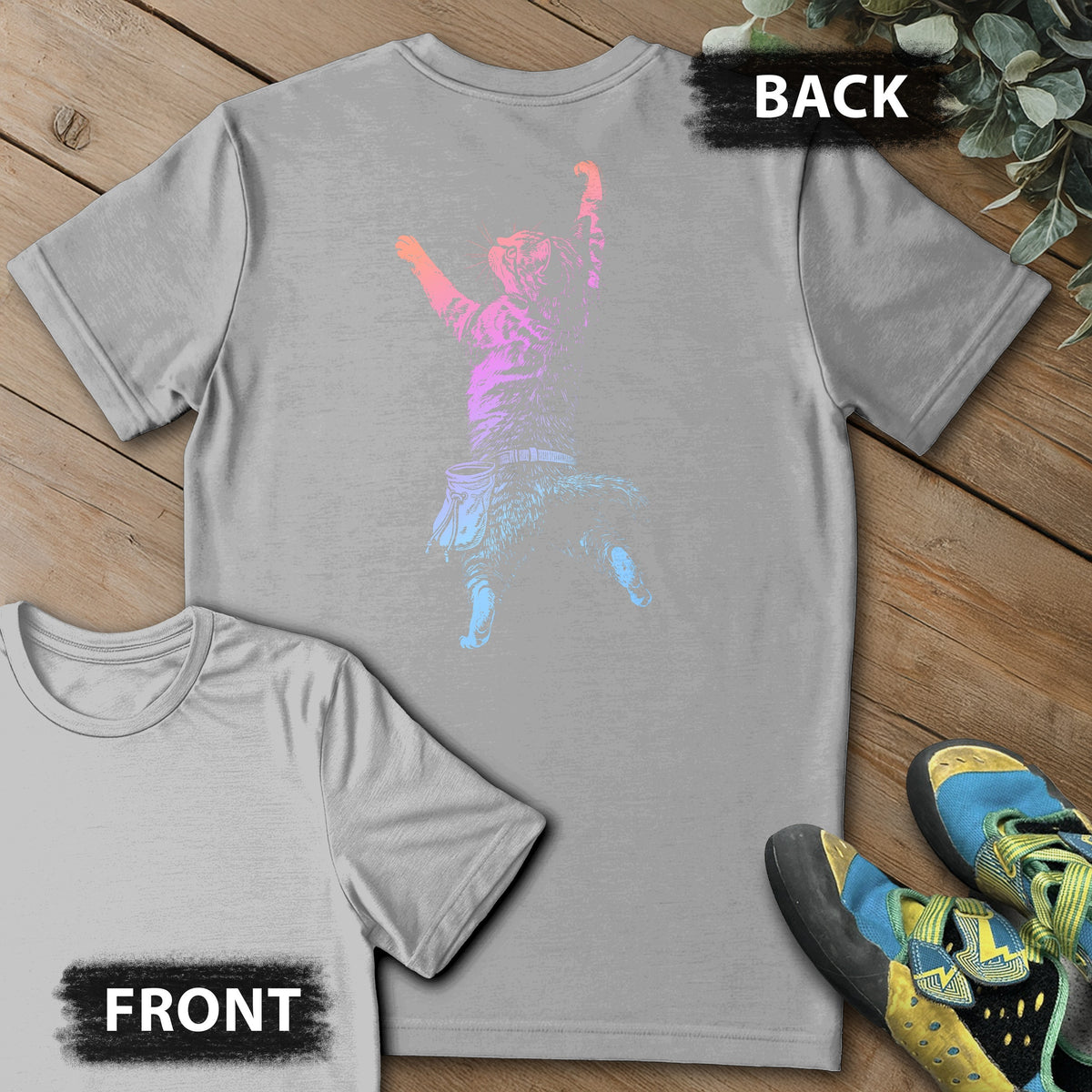 Cat Static Climb Gradient Backprint Tee in Sport Grey — flat lay mockup