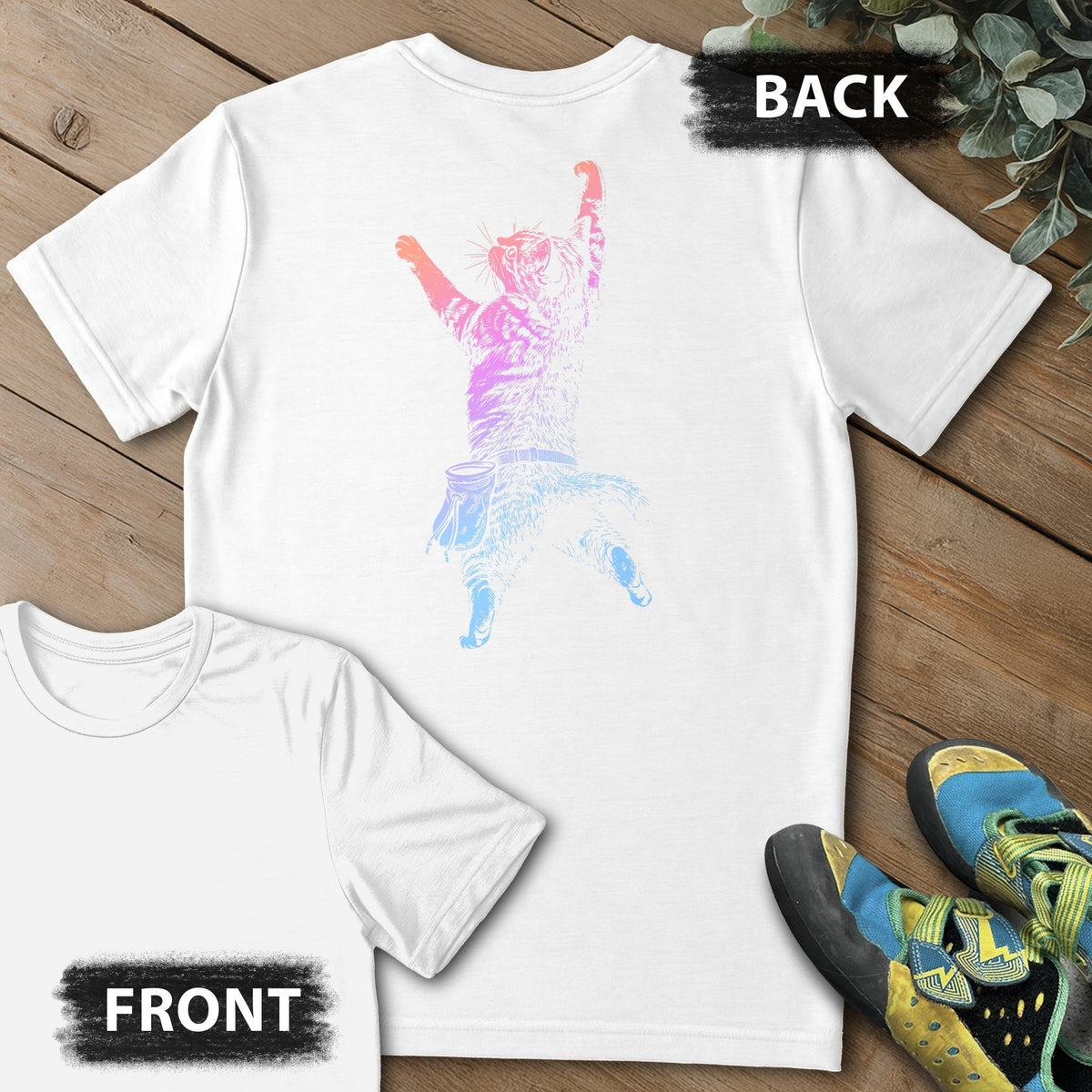 Cat Static Climb Gradient Backprint Tee in White — flat lay mockup