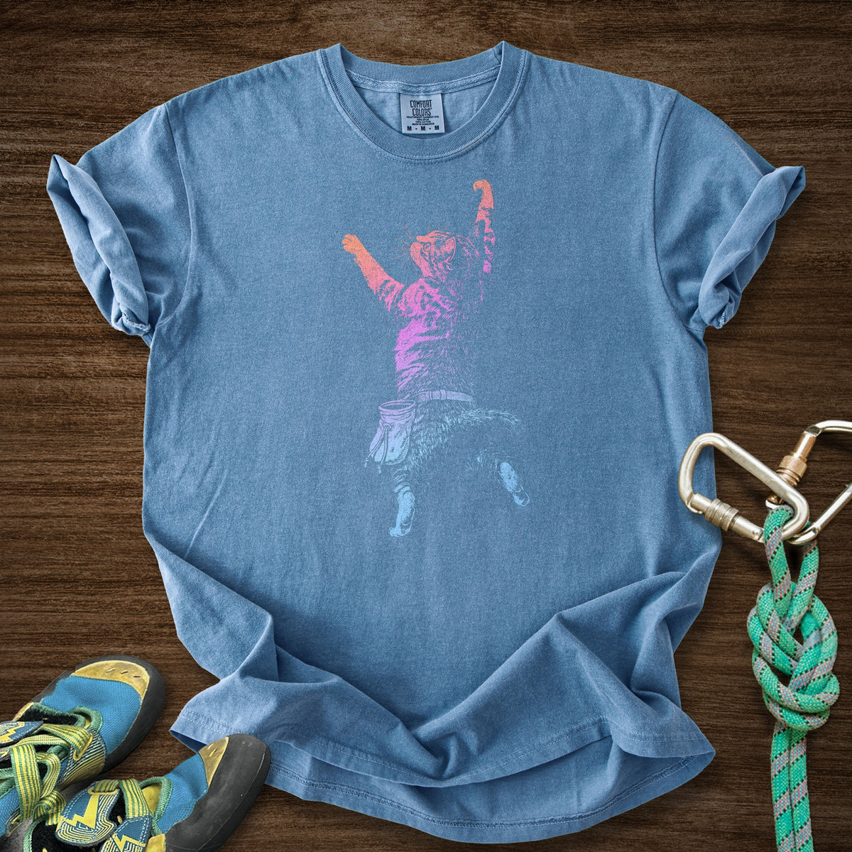 Cat Static Climb Gradient Premium in Blue Jean — flat lay mockup