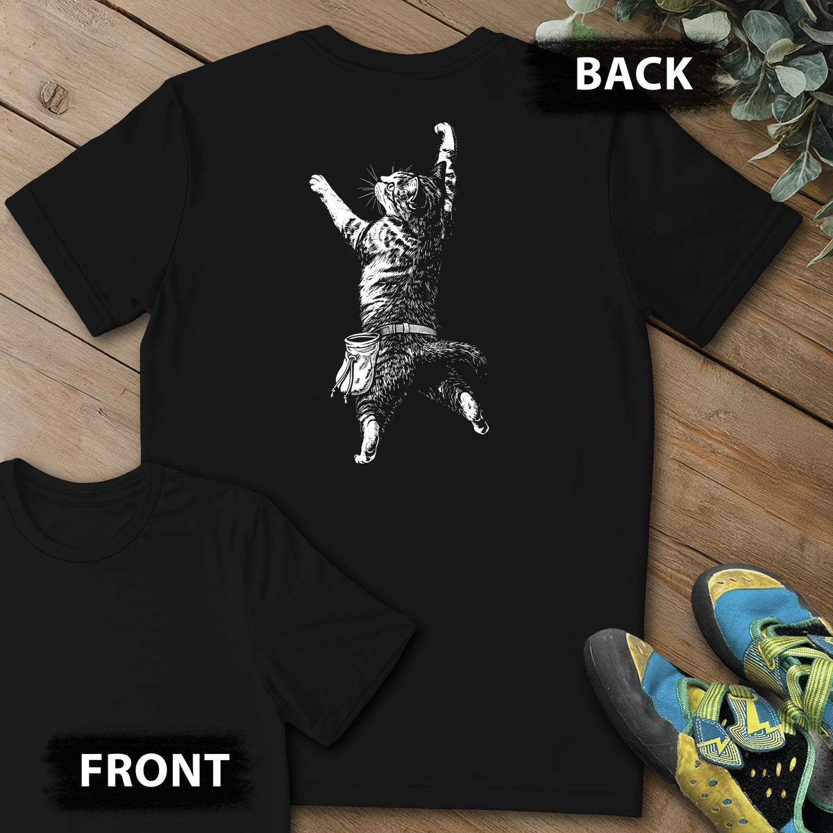 Cat Static Climb White Backprint Tee in Black — flat lay mockup