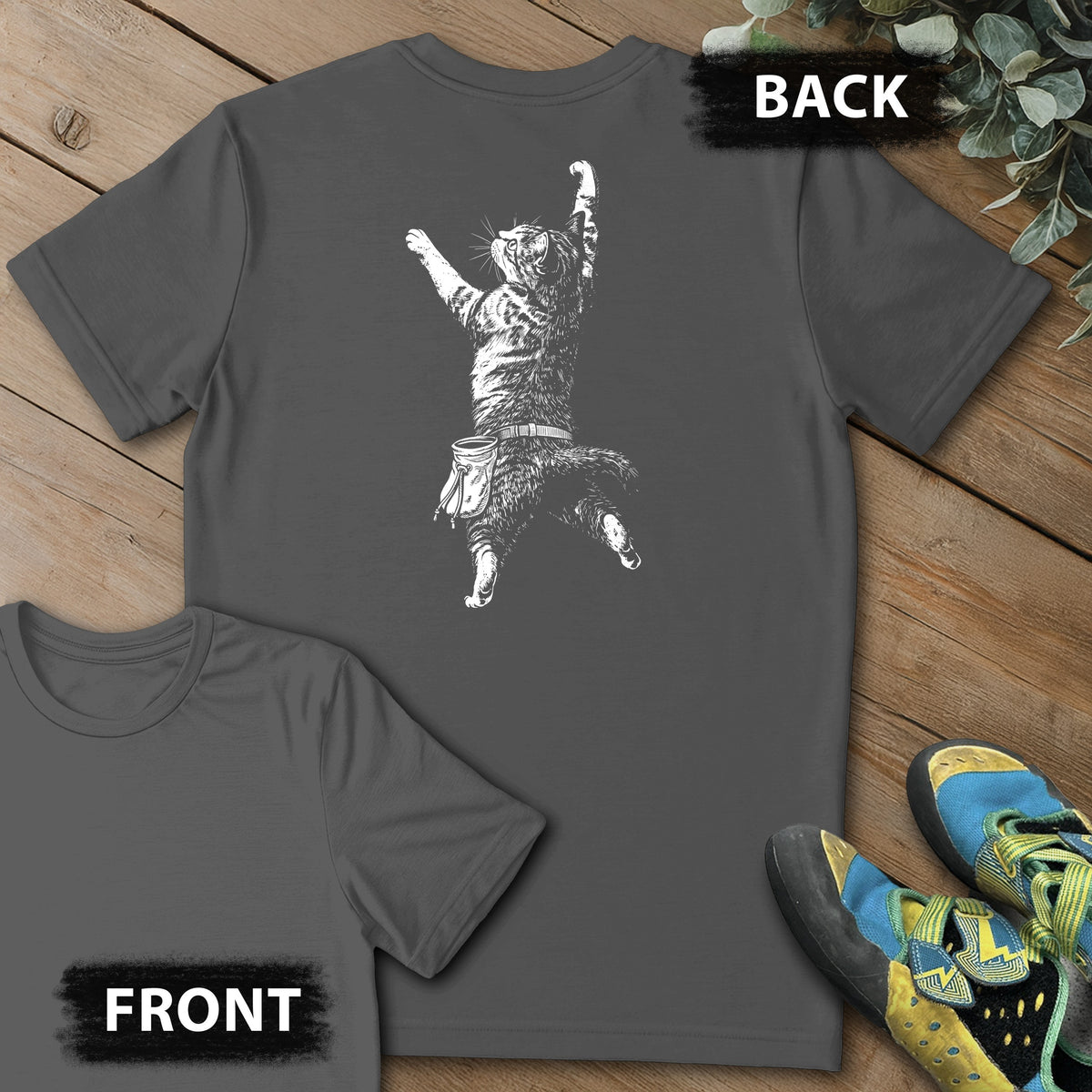 Cat Static Climb White Backprint Tee in Charcoal — flat lay mockup