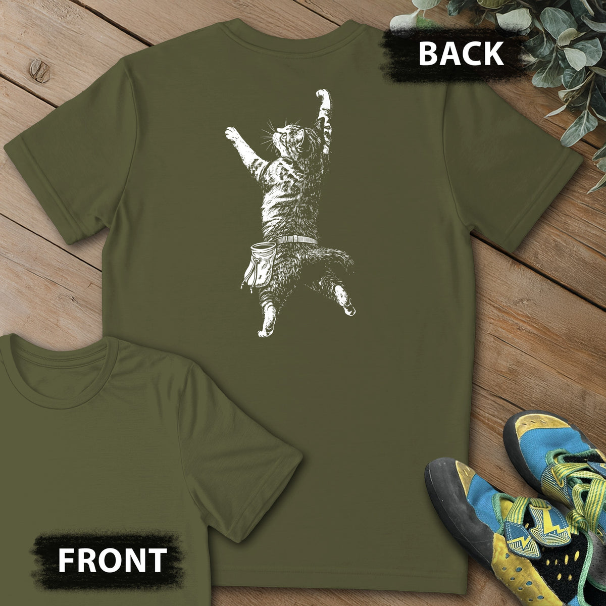 Cat Static Climb White Backprint Tee in Military Green — flat lay mockup