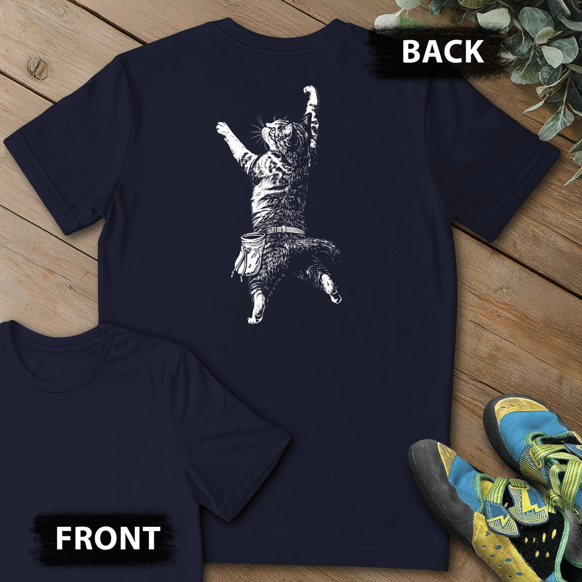 Cat Static Climb White Backprint Tee in Navy — flat lay mockup