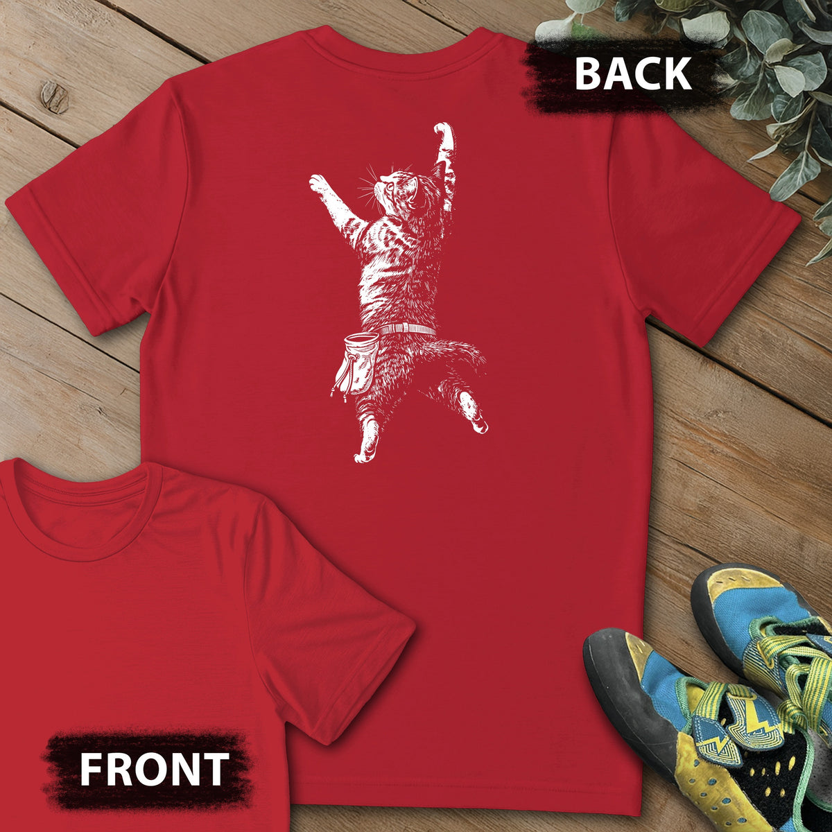 Cat Static Climb White Backprint Tee in Red — flat lay mockup