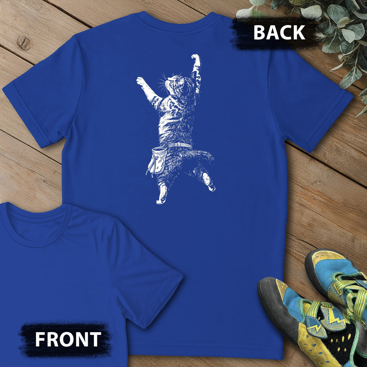 Cat Static Climb White Backprint Tee in Royal — flat lay mockup