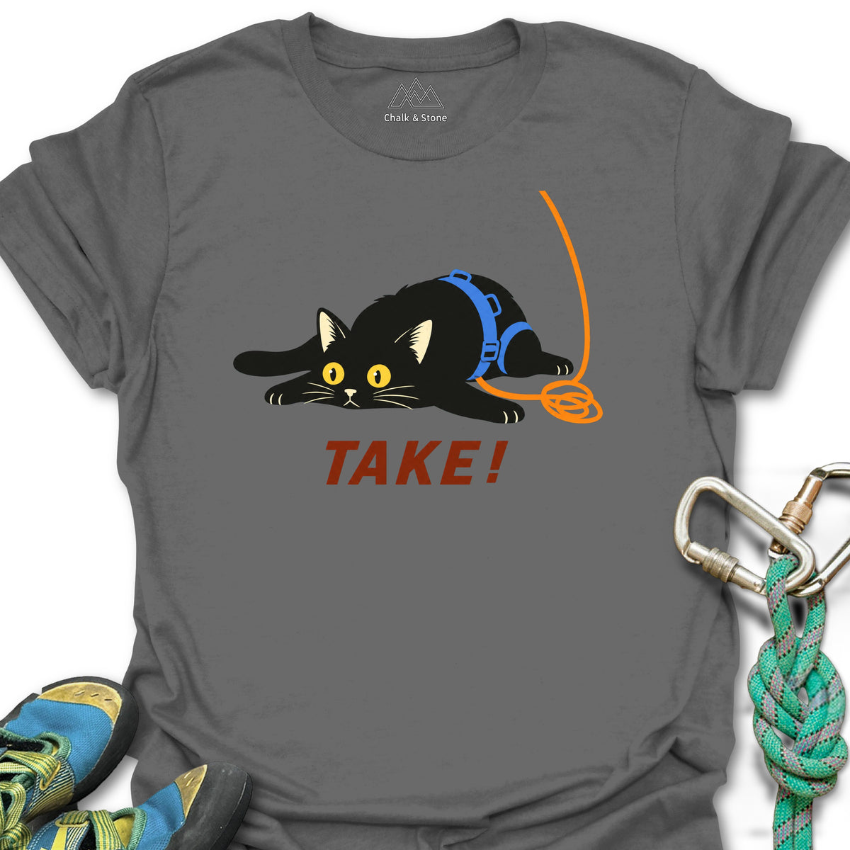 Cat TAKE Tee in Charcoal — flat lay mockup