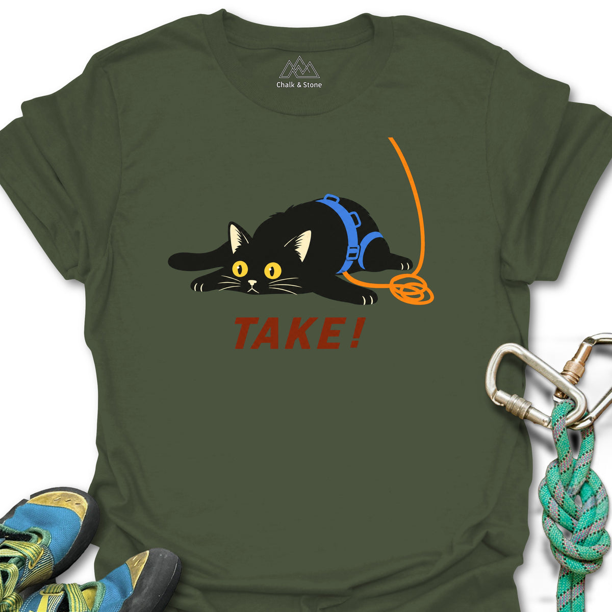 Cat TAKE Tee in Military Green — flat lay mockup
