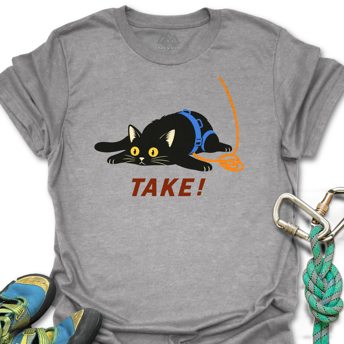 Cat TAKE Tee in Sport Grey — flat lay mockup