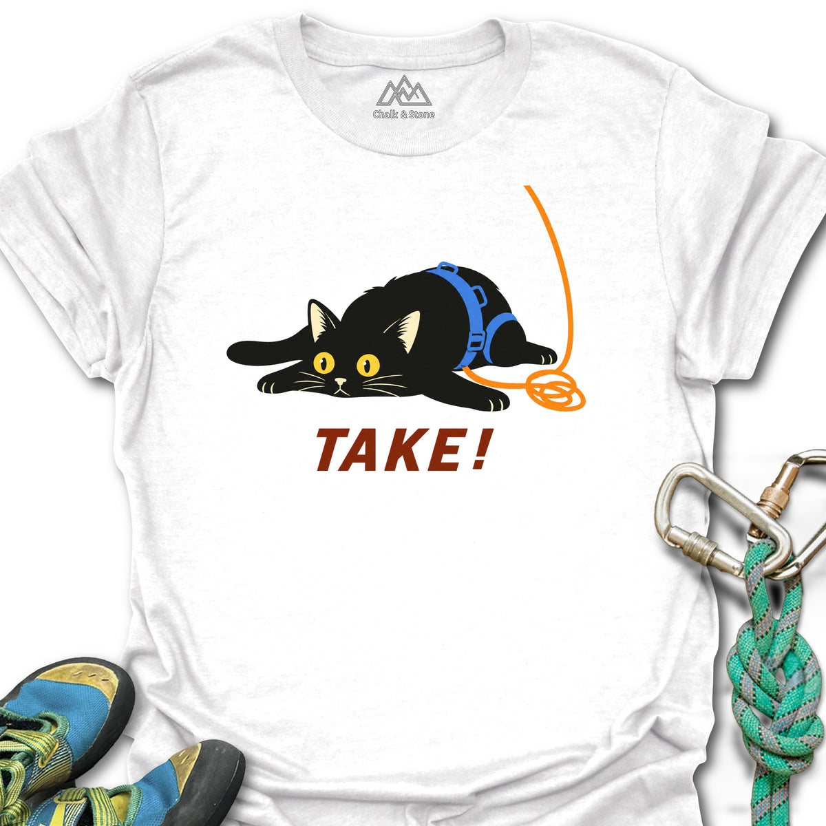 Cat TAKE Tee in White — flat lay mockup